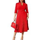 Ekaliy Women's V Neck Business Casual Shirt Dress for Women 3/4 Sleeves Pleated Midi Dresses with Belt