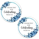 40 Light Blue Flowers Thank You for Celebrating with Us Stickers, 2 Inch Big Round Glossy Labels, Great for Weddings, Bridal Shower, Engagement Party, Party Favors Décor, Tags, Supplies. Made in USA.