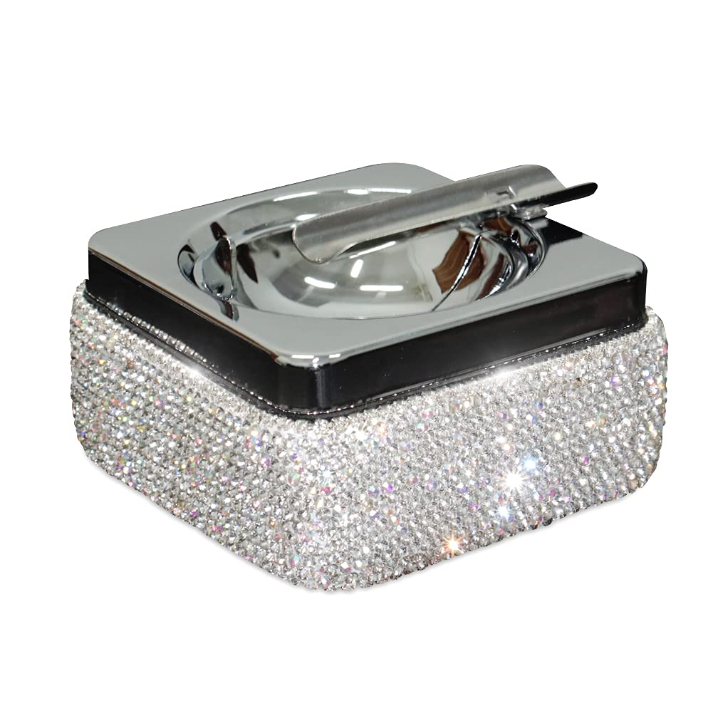 EING Stainless Steel Ashtray with Lid, Bling Crystal Diamonds, Square - Silver