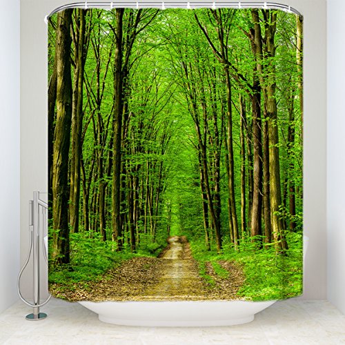 Fabric Shower Curtain Set with Hooks Waterproof & Anti-Mildew Polyester for Bathroom Showers and Bathtubs, Spring Forest Path Green Lanscape (60x72 inch)