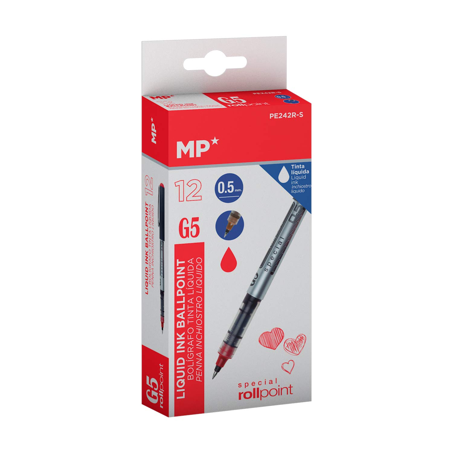 MP - Liquid Ink Ballpoint Pen, 0.5mm Ballpoint Point, Pack of 12 - Red