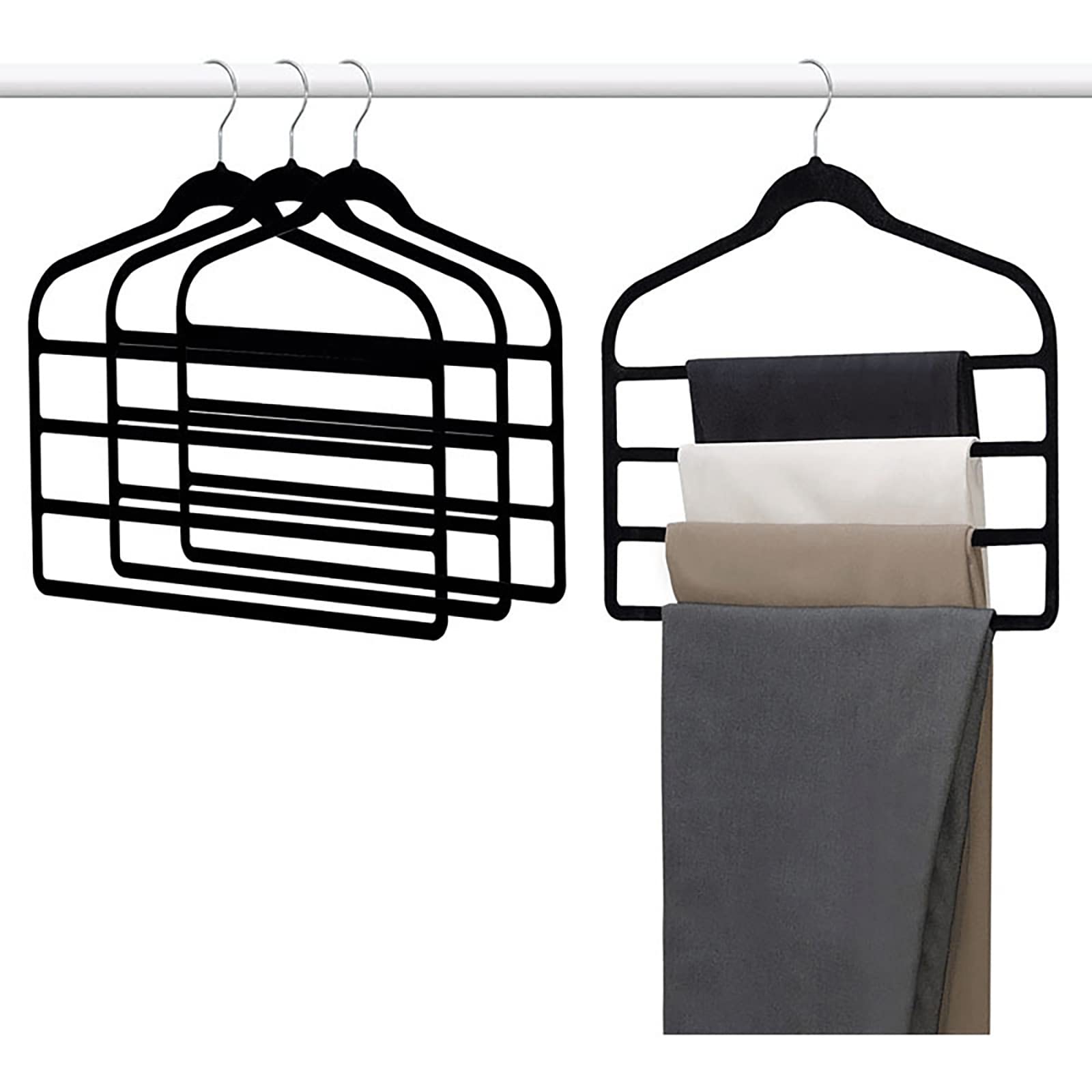 Velvet Trouser Hangers,Space Saving Non-Slip Pants Hangers,4 Pack Jeans Hangers Multi Bar Velvet Clothes Hanger Closet Storage Organizer for Trousers Scarf Belts Ties Towel