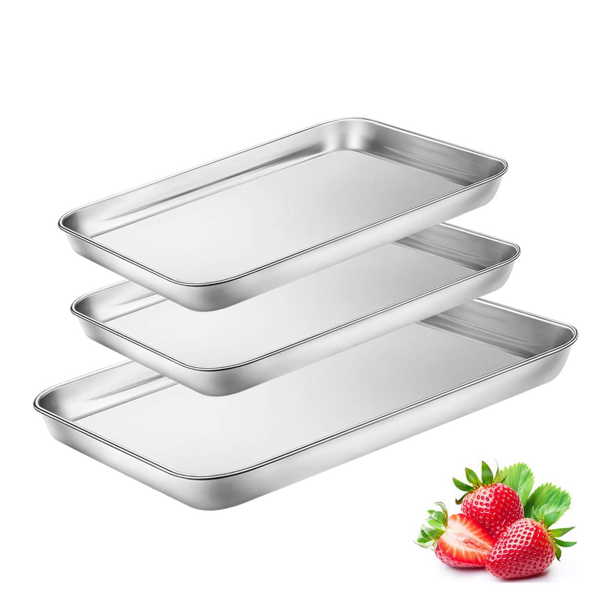 Toaster Oven Tray Pan, 3PCS Small Cookie Sheet Stainless Steel Baking Trays by BYkooc, Dishwasher Safe Oven Pans,Heavy Duty, Mirror Finish, Anti-rust,10&9&9 inch