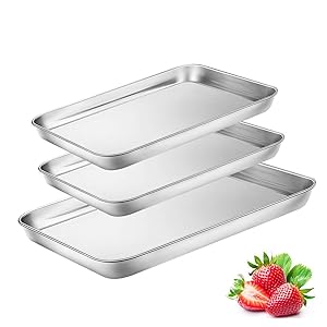 Toaster Oven Tray Pan, 3PCS Small Cookie Sheet Stainless Steel Baking Trays by BYkooc, Dishwasher Safe Oven Pans,Heavy Duty, Mirror Finish, Anti-rust,10&9&9 inch