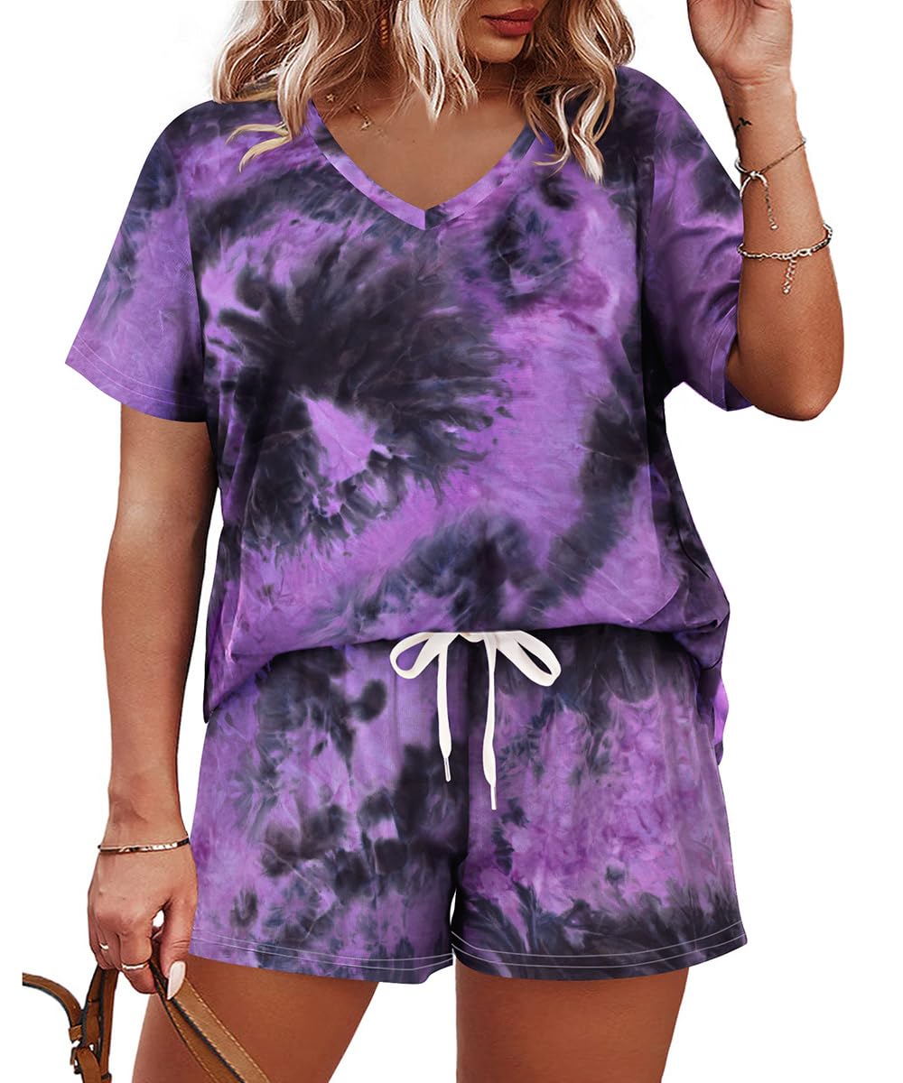 Photo 1 of CARCOS 2 Piece Outfits for Women Summer Plus Size Shorts Set 4X Tie Dye Purple Black Shirts V Neck Short Sleeve Tracksuits Sets Vacation Beach Outfits Lounge Set with Pocket 4XL 24W 26W