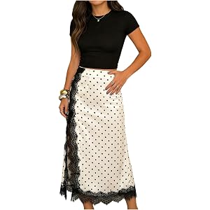 GORGLITTER Women's Polka Dots Midi Skirts Casual Dressy Lace Hem High Waisted A-Line Skirt Elegant Party Cocktail Outfits