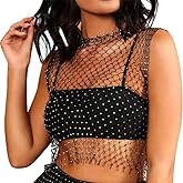 FlyCC Women Sexy Mesh Tank Tops Rhinestone Glitter See Through Hollow Out Crop Tops for Rave,Party,Clubwear