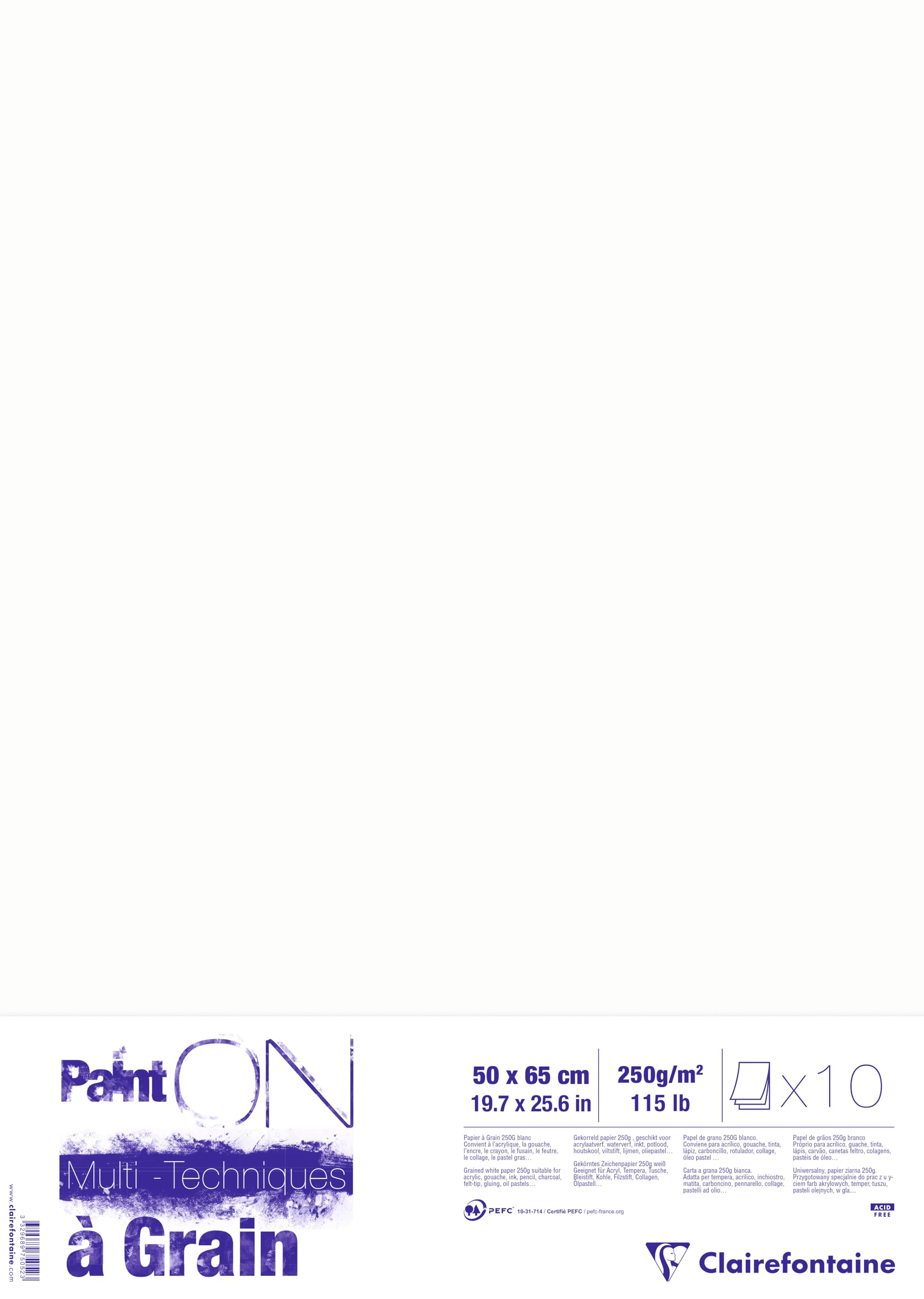 Clairefontaine - Ref 975052C - Paint'ON Multi-Technique Paper with Grain (10 Sheets) - 50 x 65cm, 250gsm Heavyweight Paper, Extra White, Acid Free, pH Neutral