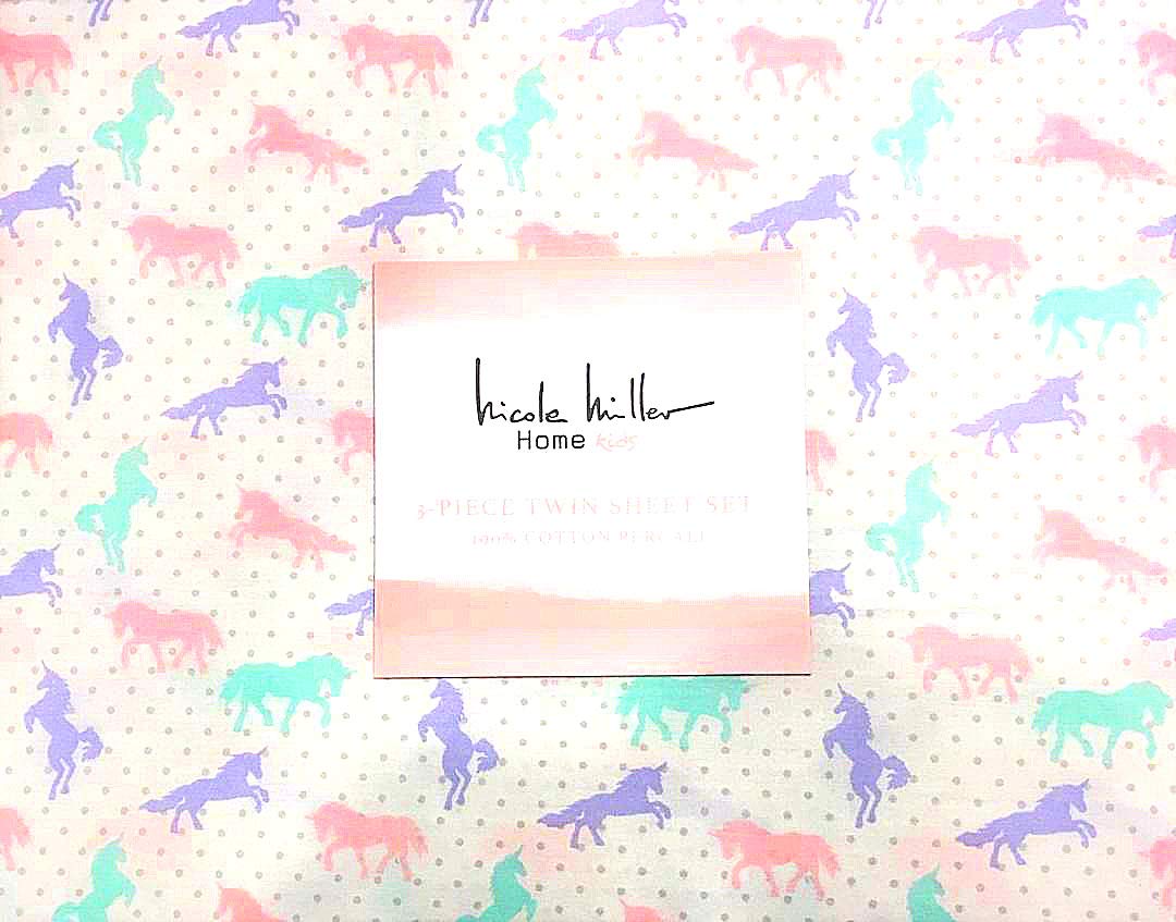 Nicole Miller Pastel Unicorns with Shimmering Polka-Dots Twin Size Cotton Sheet Set