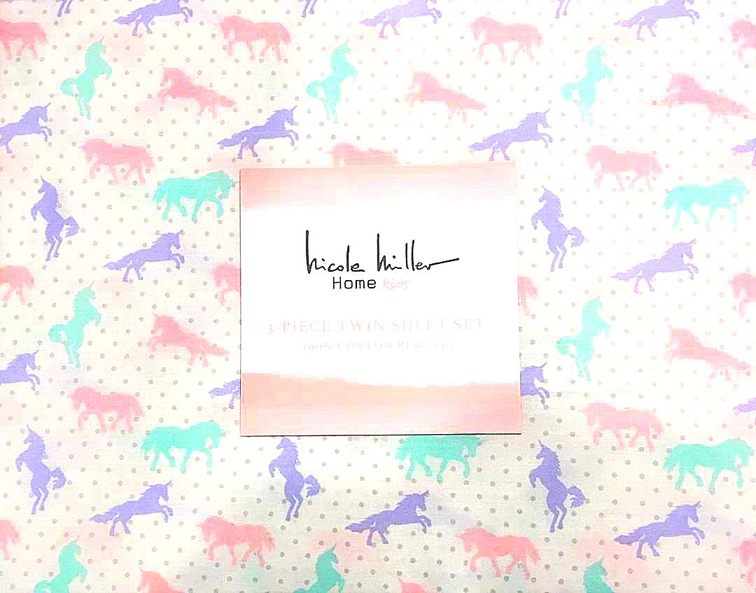 Nicole Miller Pastel Unicorns with Shimmering Polka-Dots Twin Size Cotton Sheet Set