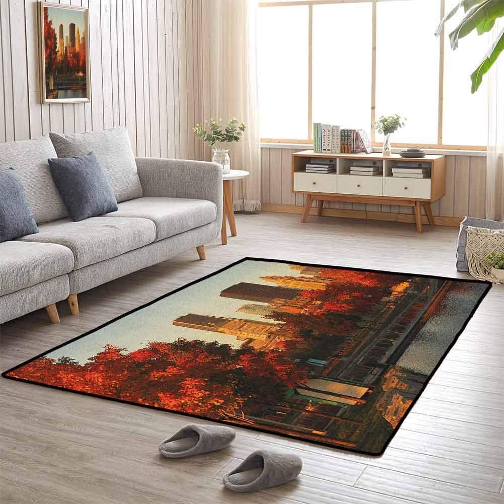 City Area Rug 3'x5' All Season General Old Port of Montreal Early in The Morning Scenic Autumn Trees Buildings Canada Red Orange Brown