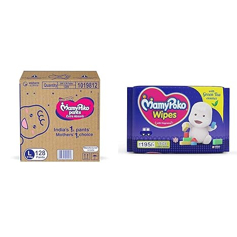 MamyPoko Pants Extra Absorb Diaper Box, Large (128 Count) & MamyPoko Wipes with Green Tea Essence - Pack of 100 * 2 Wipes with Fragrance (100 * 2 = 200 Wipes)