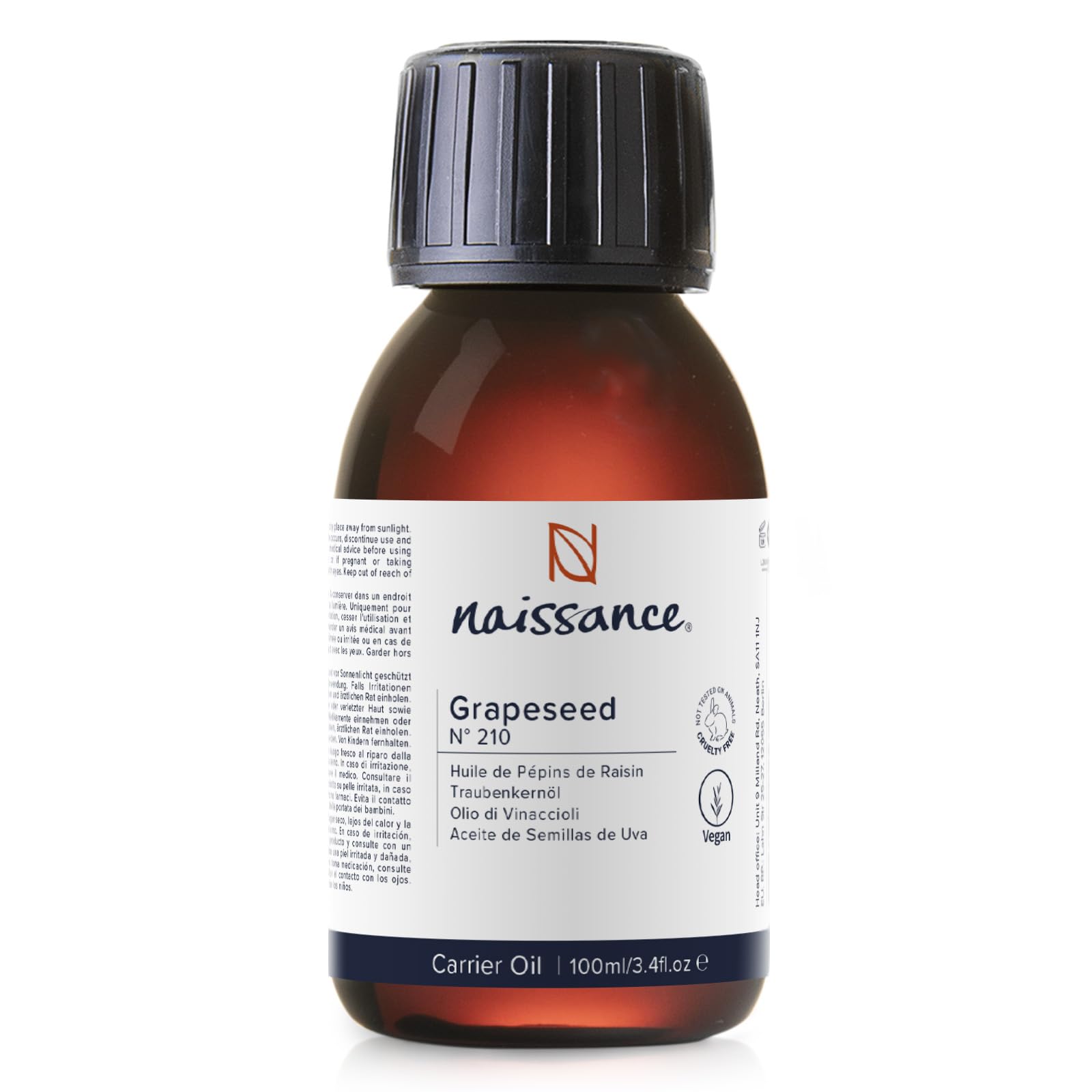 Naissance Grapeseed Oil (No. 210) 100ml - Natural Moisturiser and Conditioner - for Hair, Skin, Massage, Face, Beard and Aromatherapy
