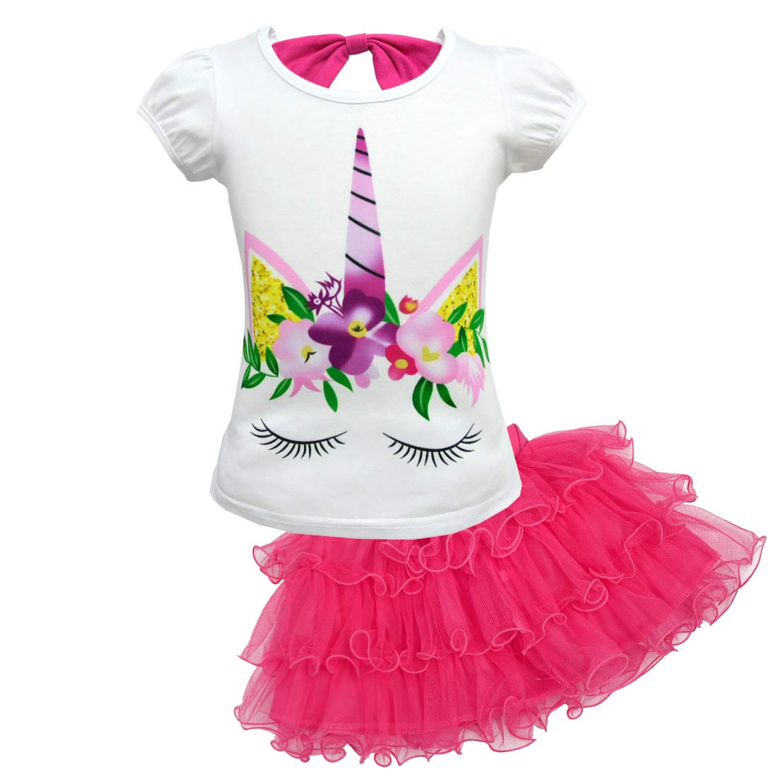 Lito Angels Unicorn T-shirt and Tutu Skirt Set for Girls Kids, Summer Dress Up Clothes Casual Wear Age 2-3 Years, A - Hot Pink
