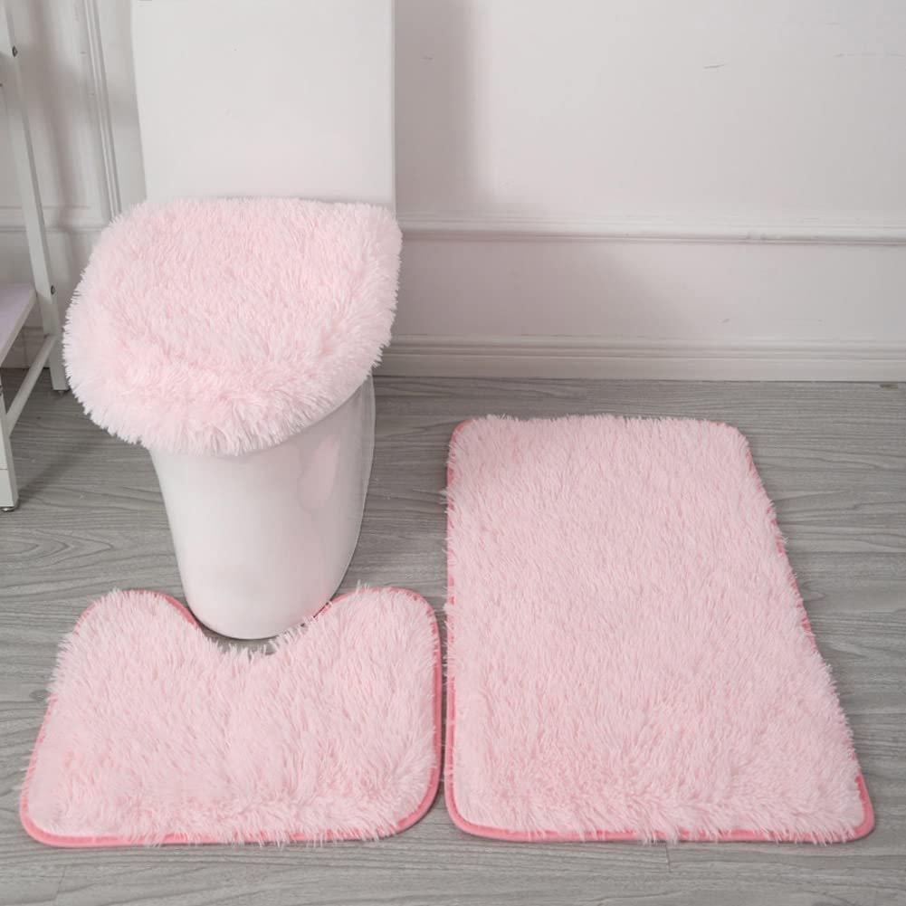 Photo 1 of SEAHOME Bathroom Rug Sets 3 Piece Non Slip, Toilet Lid Cover and Contour Mat, Bath Mats Shower Mats Bath Rug Mat for Tub Toilet Bathroom (Pink)