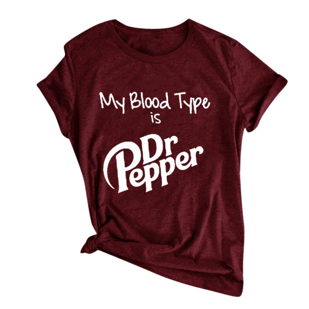 KANGMOON My Blood Type is Dr Pepper Funny Letter Print Tops Women Casual Short Sleeves O-Neck Loose T-Shirt Blouse