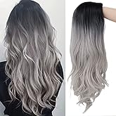 Tseses Curly Ombre Grey Wig for Women Long Wave Black Roots Synthetic Hair Natural Looking Cosplay Daily Party Costume Wig