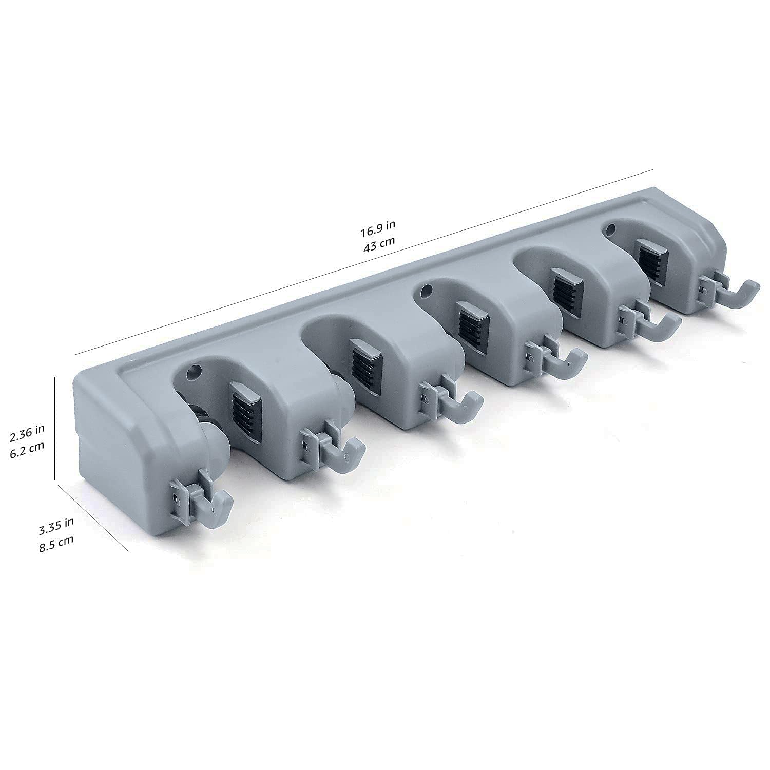 Amazon Basics Rectangular Heavy Duty, Wall Mount Storage Broom, Mop Holder or Tool Organizer with Hooks and Slots for Home, Garage, Garden, Laundry, or Kitchen, 2.36 x 16.9 x 3.35 in, Gray