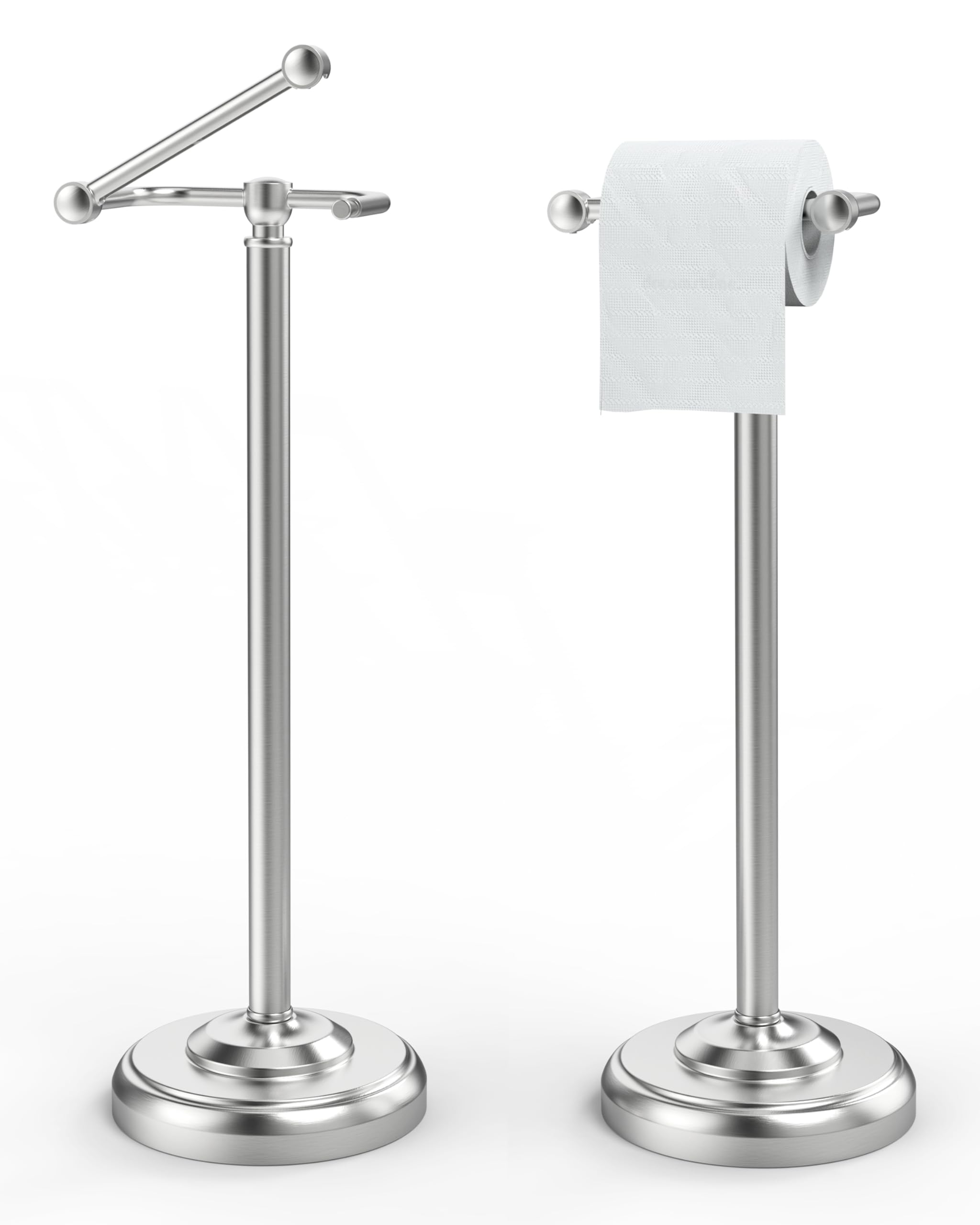 WZRUA Toilet Roll Holder Free Standing, Brushed Nickel Stainless Steel Toilet Roll Holder Stand, Double Post Pivoting Toilet Paper Holder Standing, Anti-slip Weighted Pedestal