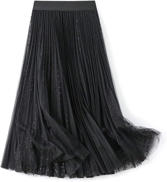 Women's Midi Glitter Pleated Skirt,ALine Elastic High Waist Chiffon