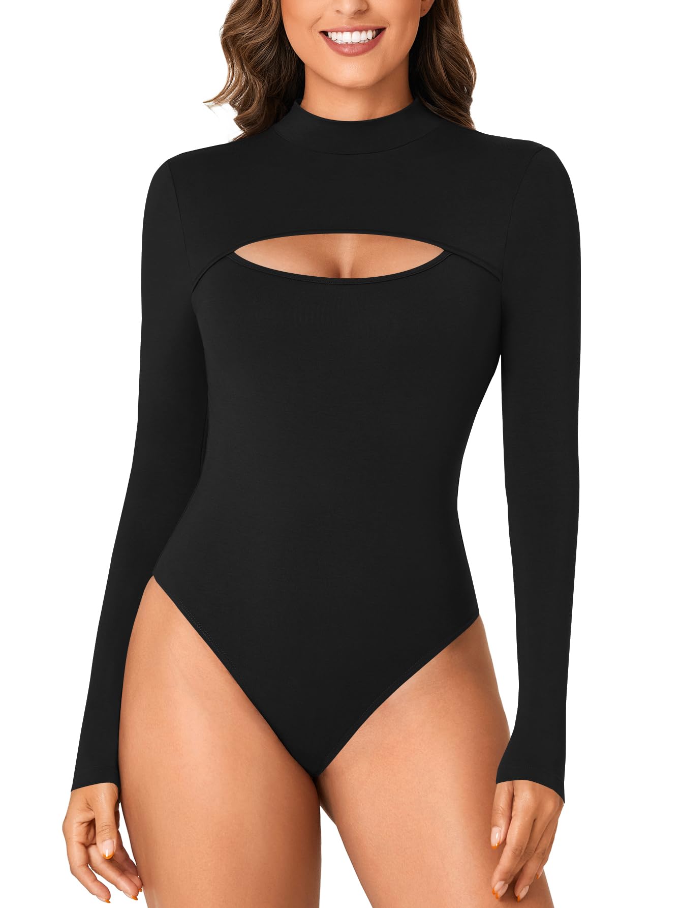Photo 1 of LYANER Women's Mock Neck Sexy Cutout Front Long Sleeve Slim Fit Bodysuit Leotard Top Black Medium