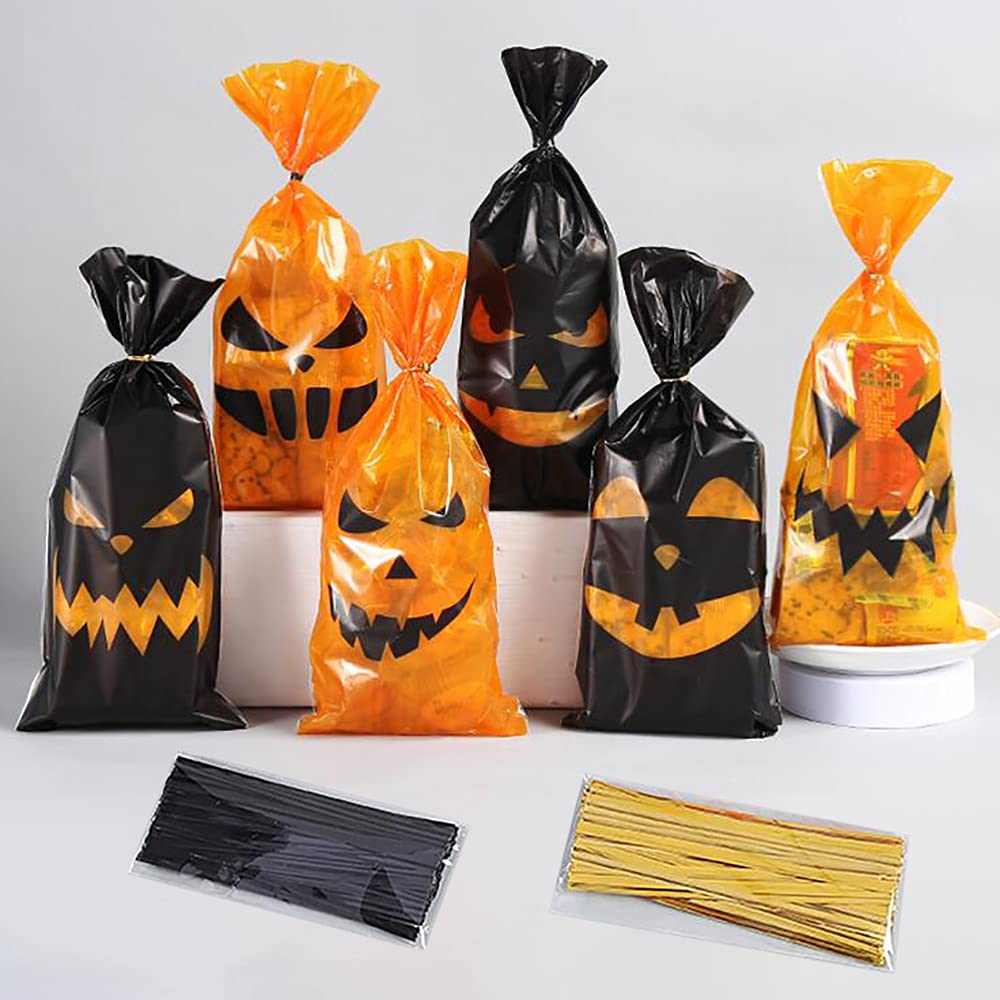 DOJoykey 120pcs Halloween Treat Bags - Pumpkin Cellophane Bags with Ties in Orange and Black for Party Sweets and Treats