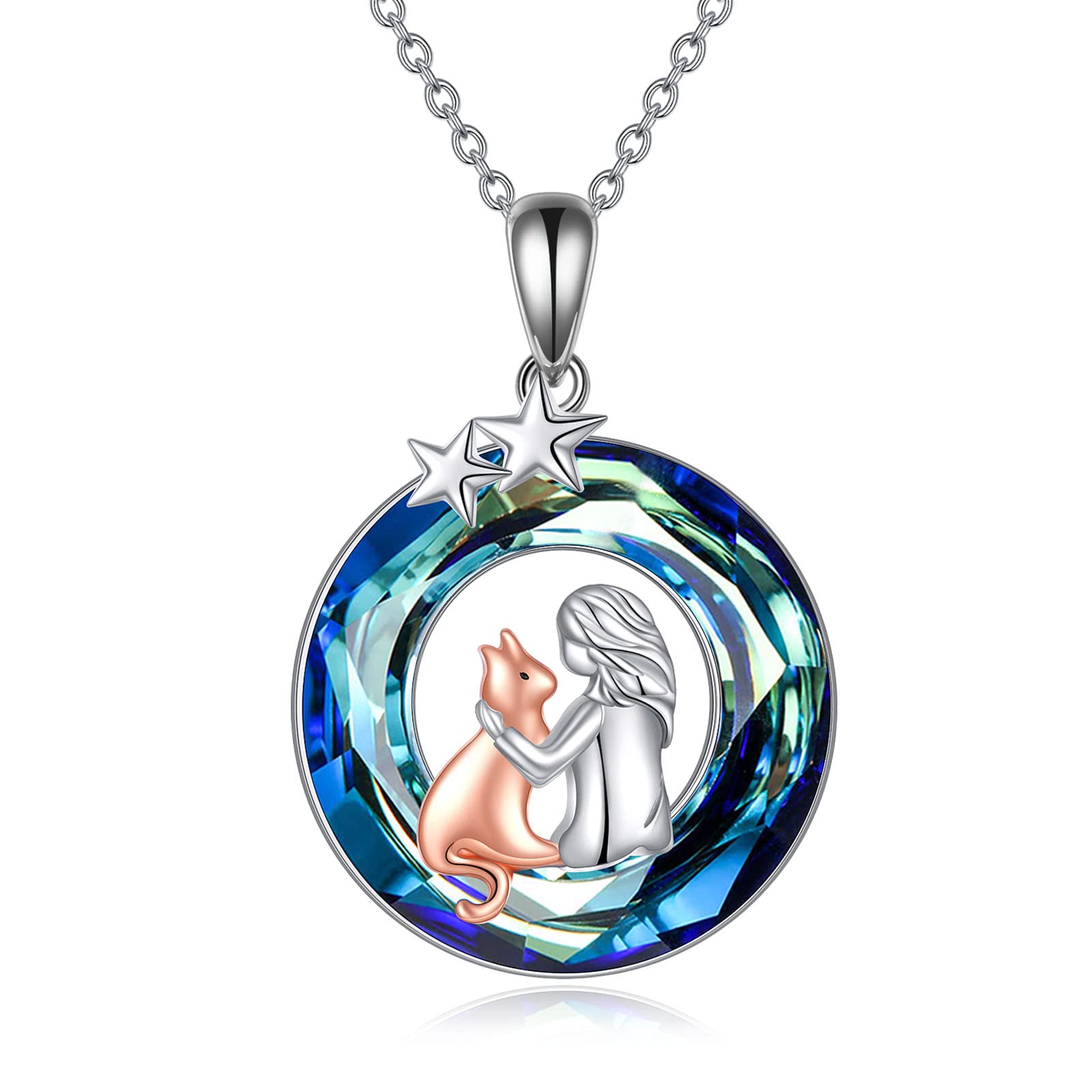 cat Sterling Silver Necklace for Women with Cat and Girl Pendant Perfect Gifts for Lovers Memorial Jewelry