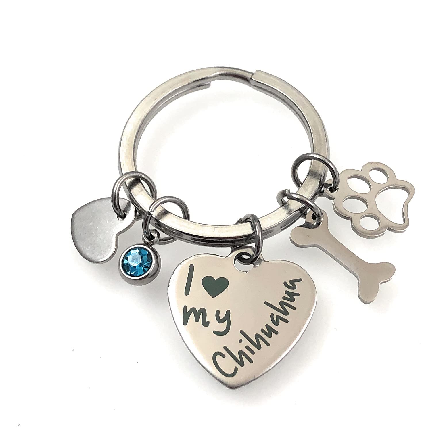 FizzyButton Gifts I Love My Chihuahua Puppy Dog Keyring Key Ring with Turquoise Rhinestone and Stainless Steel Bone, Paw and Heart Charms