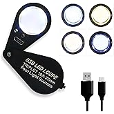 10X Rechargeable Jewelers Loupe Magnifier with UV & LED Lights Four Light Modes, 22mm Triplet Lens Illuminated Folable Eye Lo