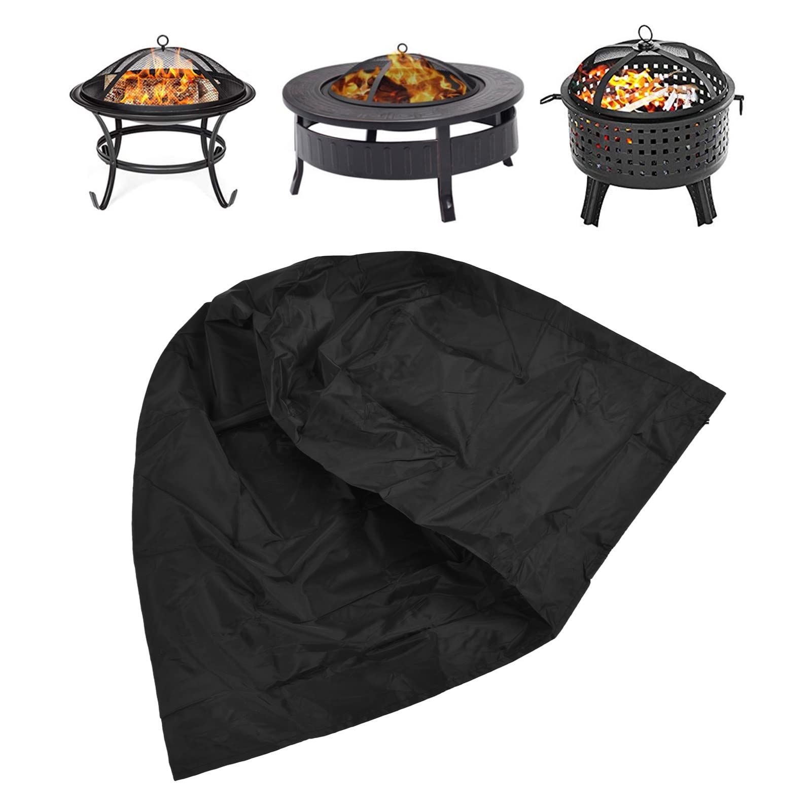 Round Firepit Cover, Waterproof Polyester Fiber Windproof Anti-UV Drawstring Closure Portable Firepit Cover Outdoor Garden Patio Heater Cover with Storage Bag, 31.5 x 25.6inch, Black