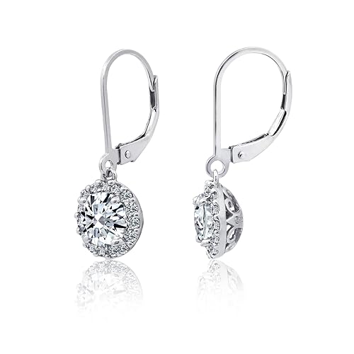 Amazon Essentials Sterling Silver Platinum Plated Cubic Zirconia Halo Leverback Drop Earrings (Previously Amazon Collection)