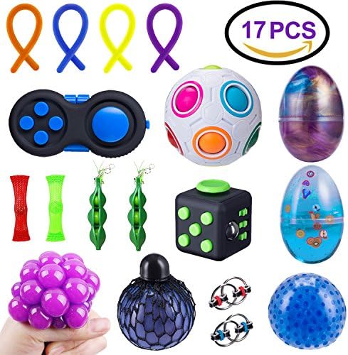 Elongdi Sensory Fidget Toys Set [ 17 Pack ] Bundle Sensory Toys Set - Rainbow Magic Ball/Fidget Cubes/Stretchy Strings/Bike Chain/Mesh Marble/Squeeze-a-Bean/Squeeze Toys/Fluffy Slime for Stress Relief