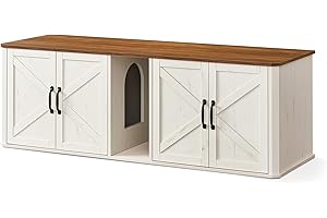 Feandrea Double Cat Litter Box Enclosure, Modern Litter Box Furniture Hidden for 2 Cats, Front Entry, Cat House, Side End Table, TV Stand, 59 x 19 x 19.5 Inches, Honey Brown, Rustic White UPCL010K01