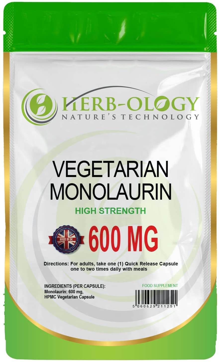 HB Monolaurin | 60 High Strength Monolaurin Capsules - 600mg-Monolaurin per Serving | No Artificial Ingredients or Fillers | Non-GMO, Gluten & Allergen Free | Manufactured in The UK