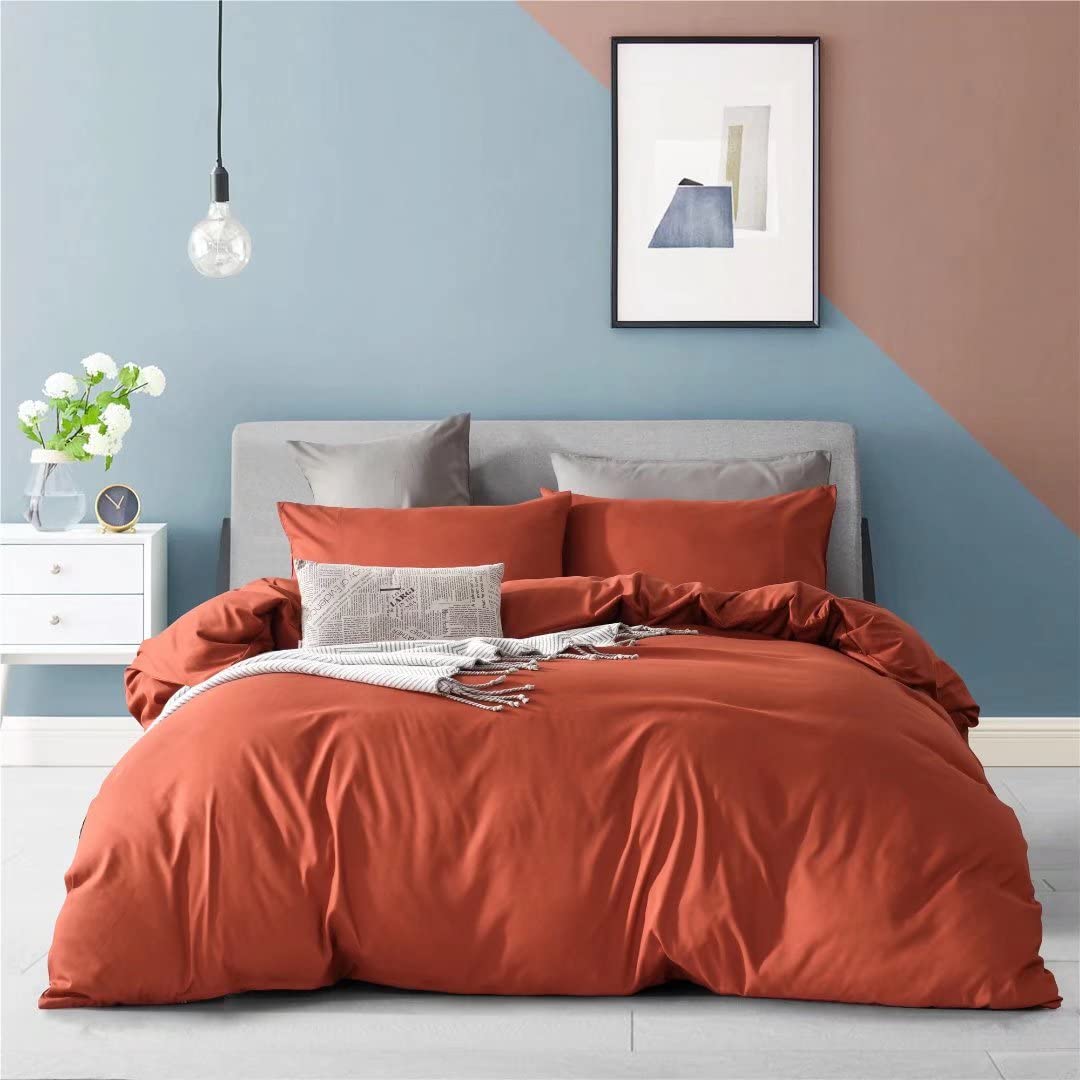 Ruccit Burnt Orange Duvet Cover Set Double 100% Brushed Microfiber Double Bed Duvet Cover Dark Orange 3pcs Modern Simple Bedding Set with Zipper Closure Corner Ties-Soft,Durable,Fade resistant