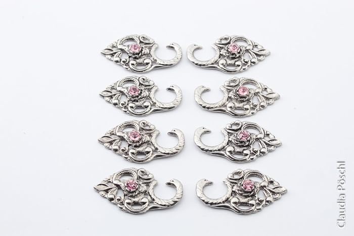 Miederhaken offen Schwanenhals Strass light rose Trachtenknopf 8er Set