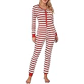 Michellecmm Women Striped Christmas One Piece Pajamas V Neck Long Sleeve Jumpsuit Bodycon Bodysuit Romper Sleepwear