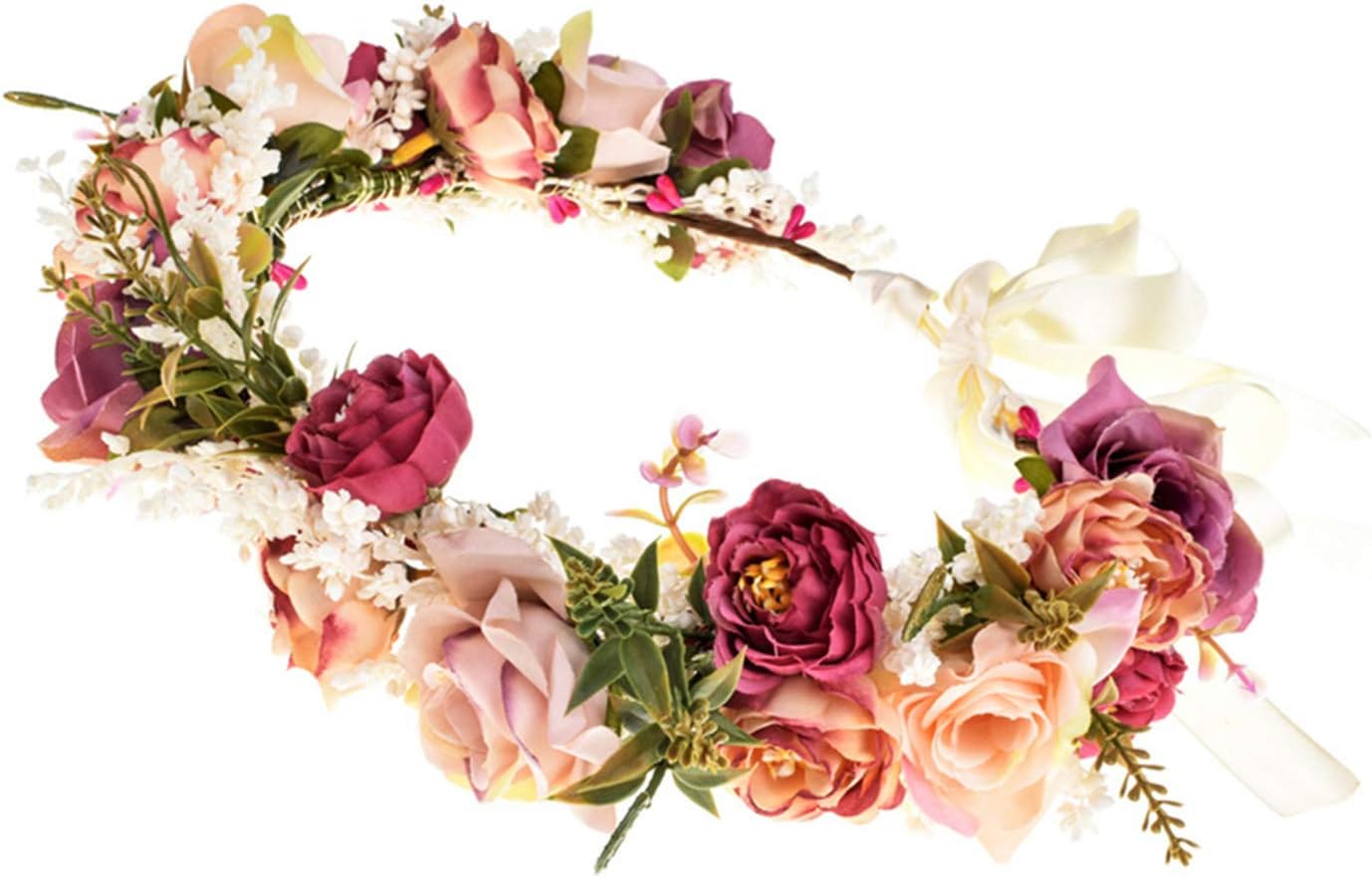 Lingdong Girls Wedding Flower Crown Headband for Women Floral Wreath Garland Headpiece with Ribbon Party