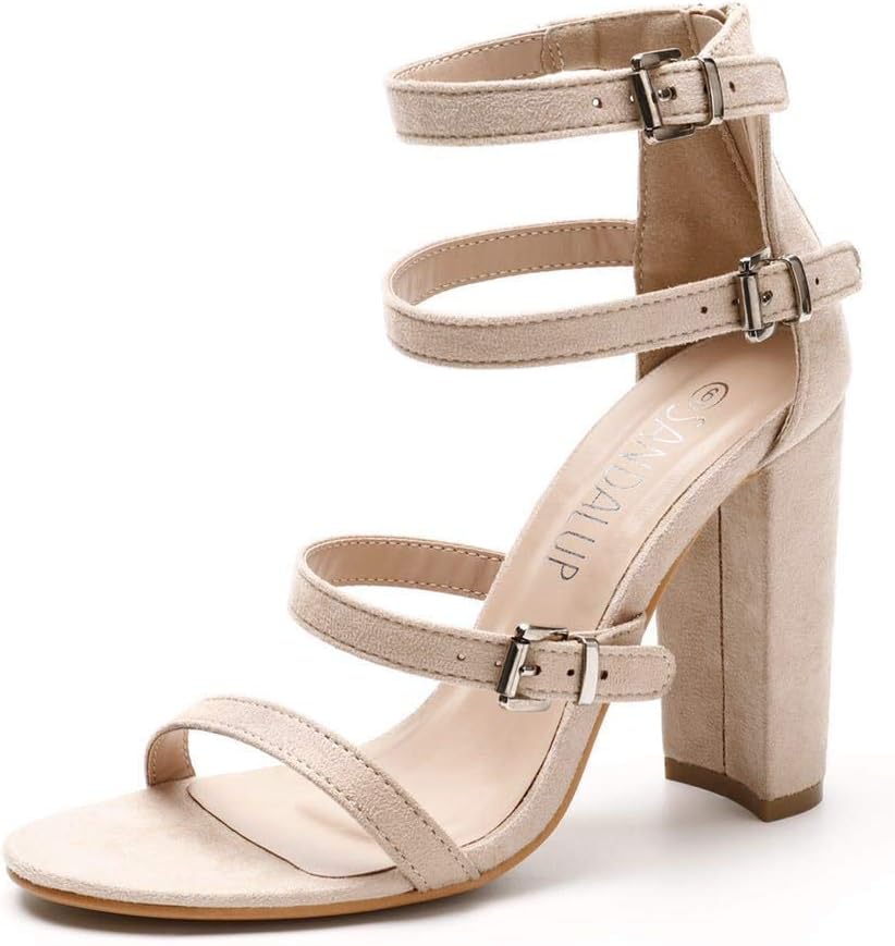SANDALUP Adjustable Buckle Ankle Straps Chunky Heels for Women
