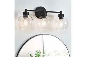 diniluse Bathroom Light Fixtures 3 Lights Vanity Light with Black Round Finish, Bathroom Vanity Lights with Clear Globe Glass, Matted Black Wall Sconce for Mirror, Bedroom, Living Room, Kitchen