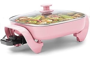 NOZAYA 12-inch Nonstick Square Electric Skillet - with Glass Lid, Dishwasher Safe, Pink