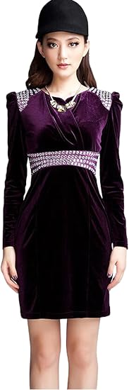 Amazon Bofeifs ボーフィズ ベルベット紫 ダイヤモンド Vネック 長袖 着痩せワンピース 上品 エレガント スイート ミニスカート マイクロミニ ペンシルスカート ワンピース結婚式 パーティードレス ワンピースレディース15秋冬 ワンピース チュニック 通販