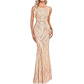 YHHOWEP Glitter Formal Dresses Long Evening Gowns Bodycon Mermaid Sparkly Sequin Boat Neck Cocktail Party Dress