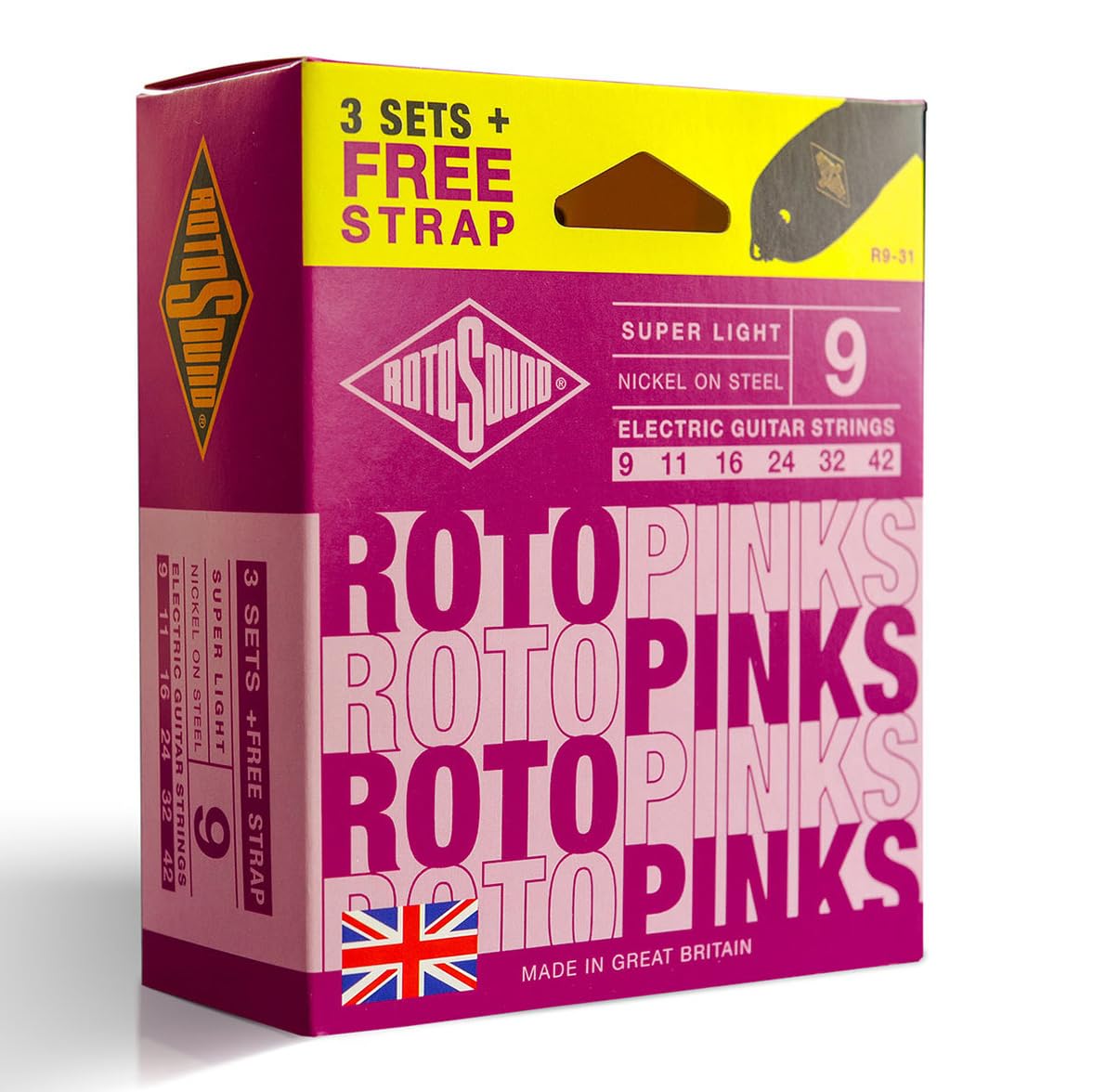Rotosound R9-31 Electric Guitar Strings with Strap (Pack of 3)