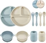 PandaEar Silicone Baby Feeding Set 2 Divided Plates 2 Bowls 2 Sippy Cups