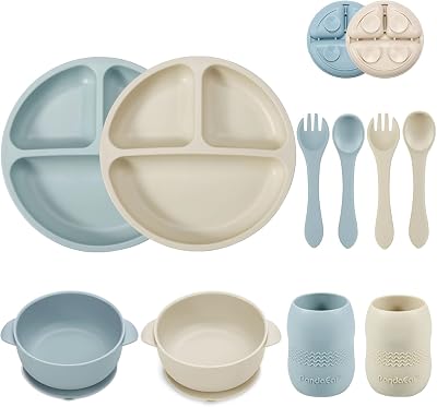 PandaEar Silicone Baby Feeding Set 2 Divided Plates 2 Bowls 2 Sippy Cups