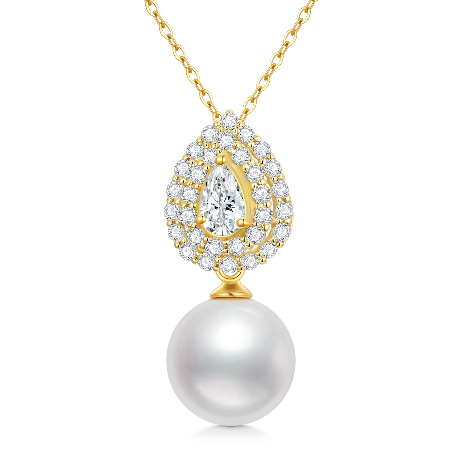 SISGEM 9 ct Gold Pearl Necklace, Solid Yellow Gold Tear Drop Pendant Necklace, for Women Girls Ladies Mum Sisters, 16"+1"+1"