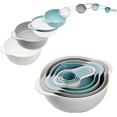 Plastic Mixing Bowls, Multicolored, Set of 8, Rv Camping Accessories | Nest for Easy Storage, Inculding Measuring Cups, Colander, Sifter, Large Bowl, Great for Cooking and Baking, No BPA