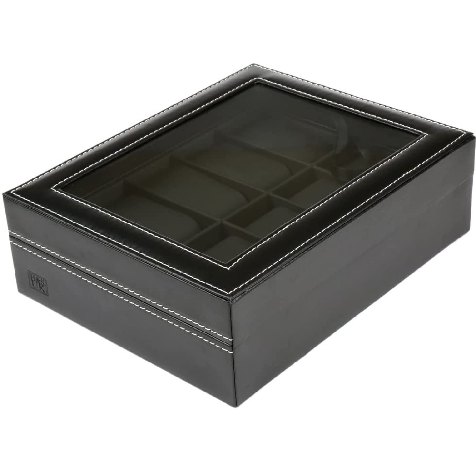 H&S Glass Lid Faux Leather 10 Watch & Jewellery Storage Box – Black Display Case Organiser for Men's & Women's Watches