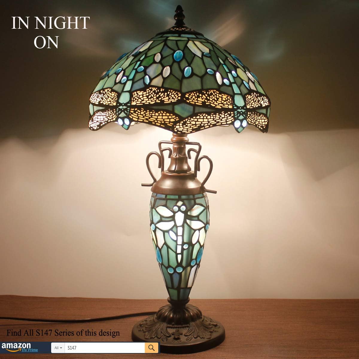 WERFACTORY Tiffany Table Lamp Sea Blue Stained Glass Dragonfly Style 12X12X22 Inches Mother-Daughter Vase Desk Reading Light Decor Bedroom Living Room Home Office S147 Series… - Image 3